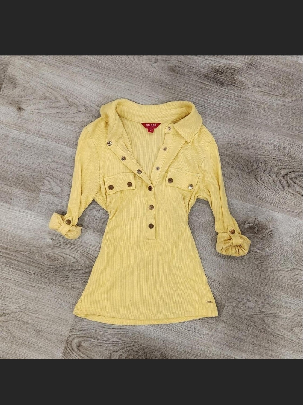Guess Yellow Ribbed Snap-Front Polo Tunic henley top